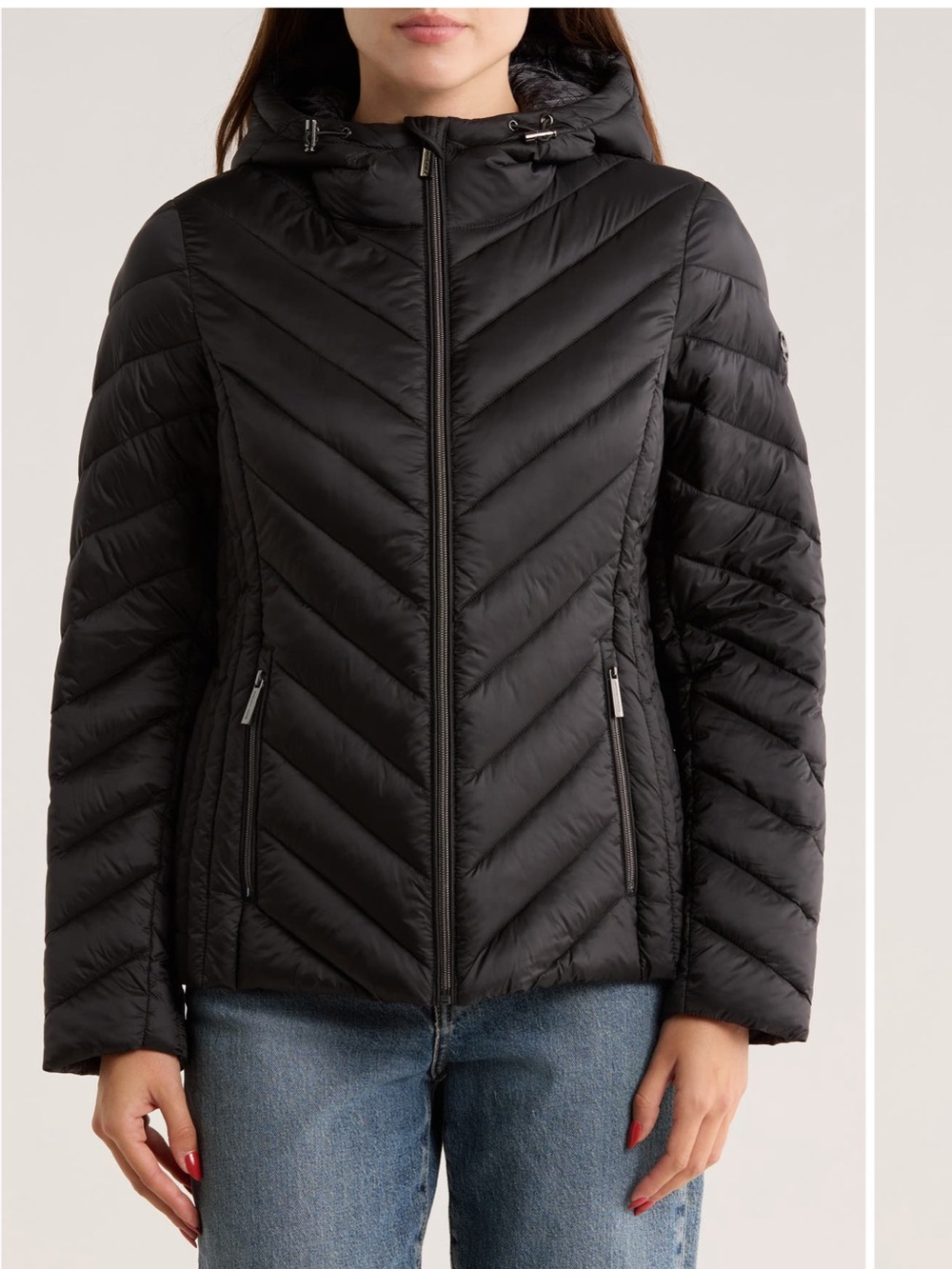 Michael Kors Black Hooded Chevron Quilted Puffer Jacket